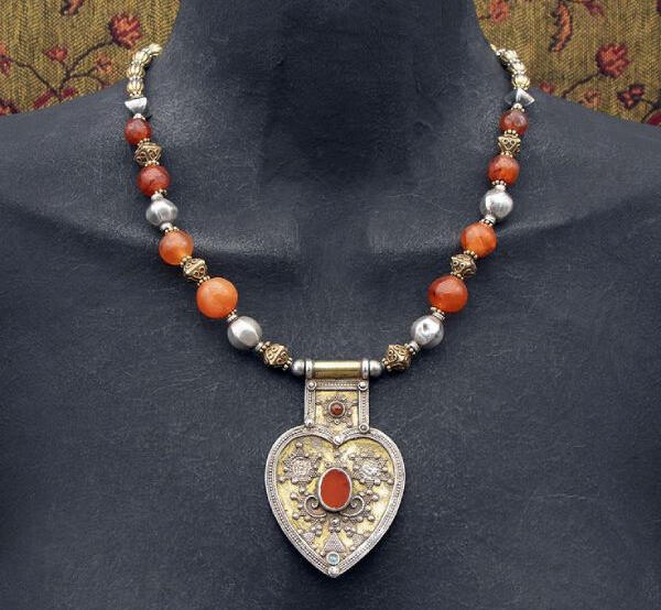 Ethnic necklace with gold, silver & vermeil