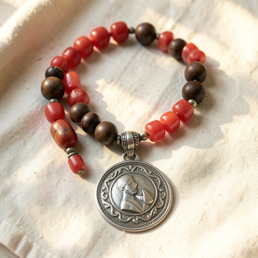 Pendant necklace with coral and wood beads — available