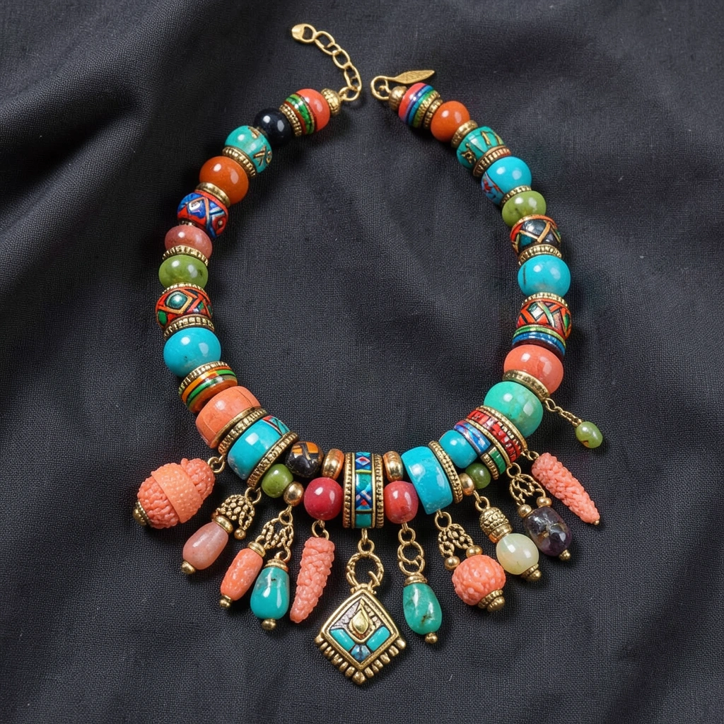 Multicolored ethnic necklace with pendants — available