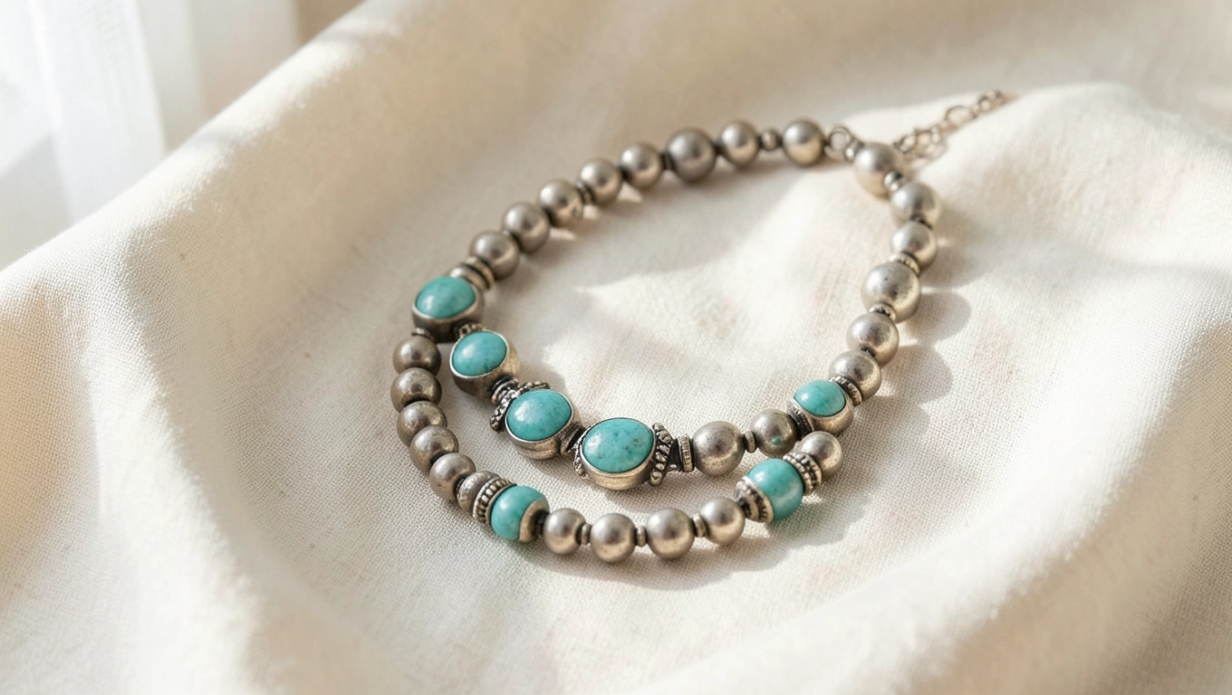 Luxury ethnic necklace by Dyan Rosenberg displayed on cream linen