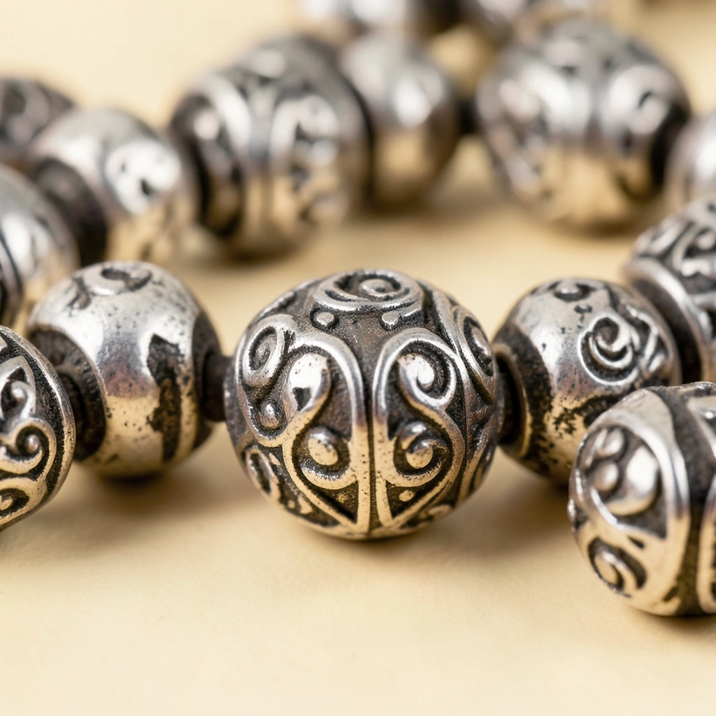 Close-up of antique silver beads from Nepal, intricate details