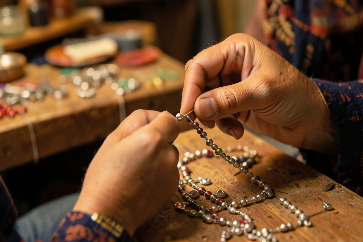 Artisan hands crafting an ethnic jewelry piece with silver and stones